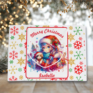 Anime Girl in Santa Hat Waterverf Kerst Groot Cadeauzakje