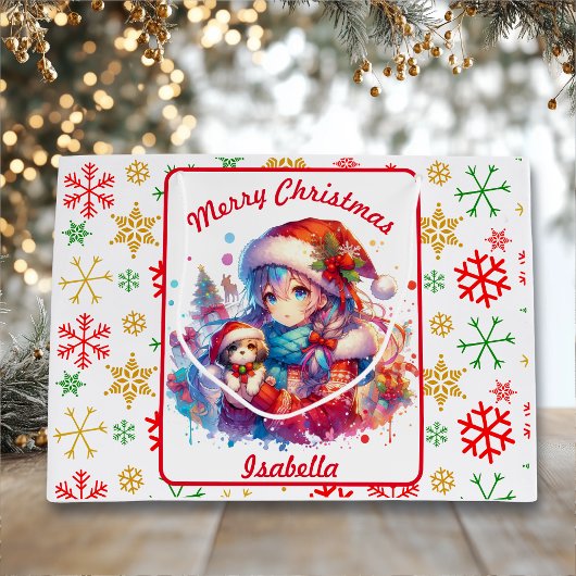 Anime Girl in Santa Hat Waterverf Kerst Groot Cadeauzakje