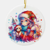 Anime Girl in Santa Hat Waterverf Kerst Keramisch Ornament (Voorkant)
