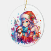 Anime Girl in Santa Hat Waterverf Kerst Keramisch Ornament (Links)
