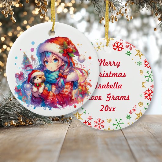 Anime Girl in Santa Hat Waterverf Kerst Keramisch Ornament