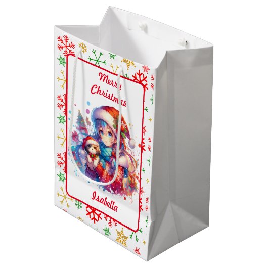 Anime Girl in Santa Hat Waterverf Kerst Medium Cadeauzakje (Voorkant Gekanteld)