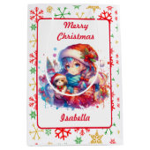 Anime Girl in Santa Hat Waterverf Kerst Medium Cadeauzakje (Voorkant)