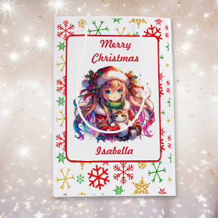 Anime Girl in Santa Hat Waterverf Kerst Medium Cadeauzakje