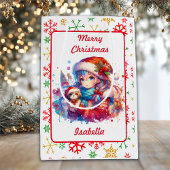 Anime Girl in Santa Hat Waterverf Kerst Medium Cadeauzakje