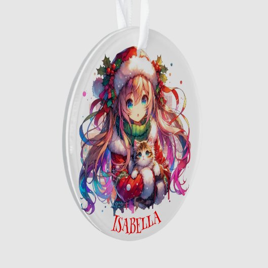 Anime Girl in Santa Hat Waterverf Kerst Ornament (voorkant)