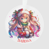 Anime Girl in Santa Hat Waterverf Kerst Ornament (voorkant)