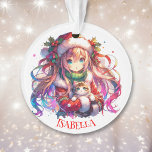Anime Girl in Santa Hat Waterverf Kerst Ornament<br><div class="desc">Waterverf anime meisje in kerstmuts met schattig kitten gepersonaliseerde kerstversiering.</div>