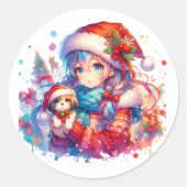 Anime Girl in Santa Hat Waterverf Kerst Ronde Sticker (Voorkant)