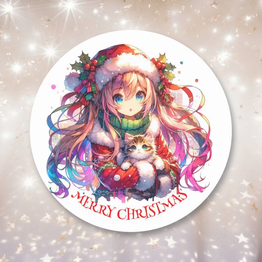 Anime Girl in Santa Hat Waterverf Kerst Ronde Sticker