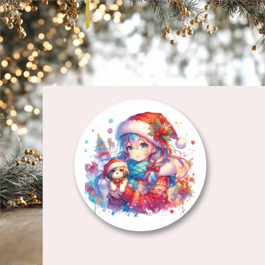 Anime Girl in Santa Hat Waterverf Kerst Ronde Sticker