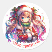 Anime Girl in Santa Hat Waterverf Kerst Ronde Sticker (Voorkant)
