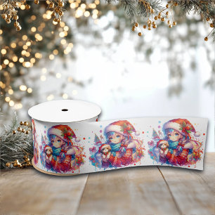 Anime Girl in Santa Hat Waterverf Kerst Satijnen Lint