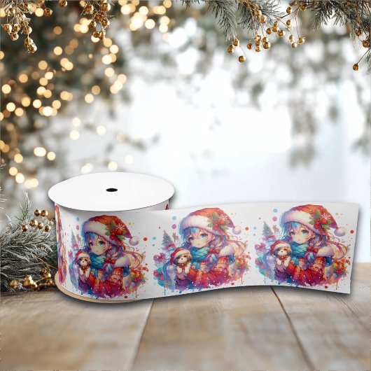 Anime Girl in Santa Hat Waterverf Kerst Satijnen Lint