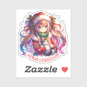 Anime Girl in Santa Hat Waterverf Kerst Sticker (Vel)
