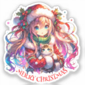 Anime Girl in Santa Hat Waterverf Kerst Sticker (Voorkant)