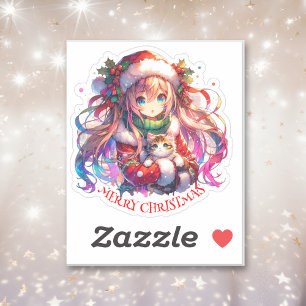 Anime Girl in Santa Hat Waterverf Kerst Sticker