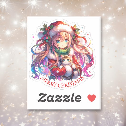 Anime Girl in Santa Hat Waterverf Kerst Sticker