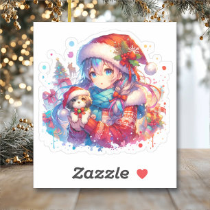 Anime Girl in Santa Hat Waterverf Kerst Sticker
