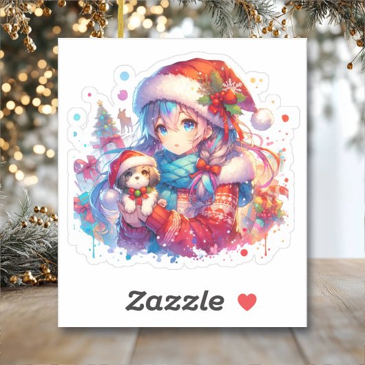 Anime Girl in Santa Hat Waterverf Kerst Sticker