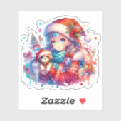 Anime Girl in Santa Hat Waterverf Kerst Sticker (Vel)
