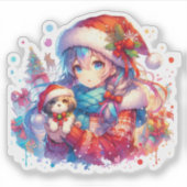 Anime Girl in Santa Hat Waterverf Kerst Sticker (Voorkant)