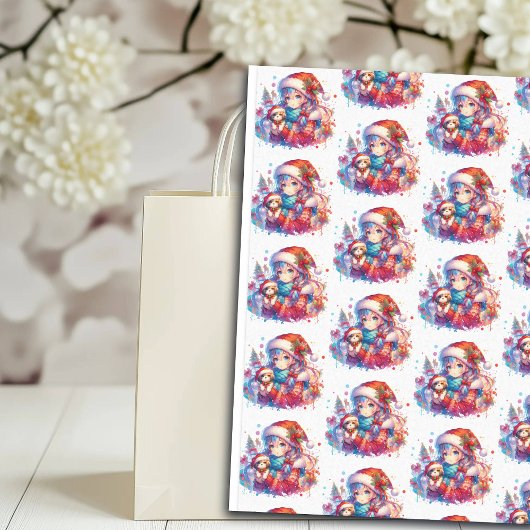 Anime Girl in Santa Hat Waterverf Kerst Tissuepapier