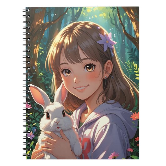 Anime Girl met Bloemlint en haar konijn Notitieboek (Voorkant)