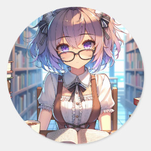 Anime Girl met bril in de bibliotheek Ronde Sticker