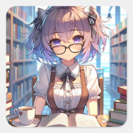 Anime Girl met bril in de bibliotheek Vierkante Sticker