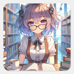 Anime Girl met bril in de bibliotheek Vierkante Sticker