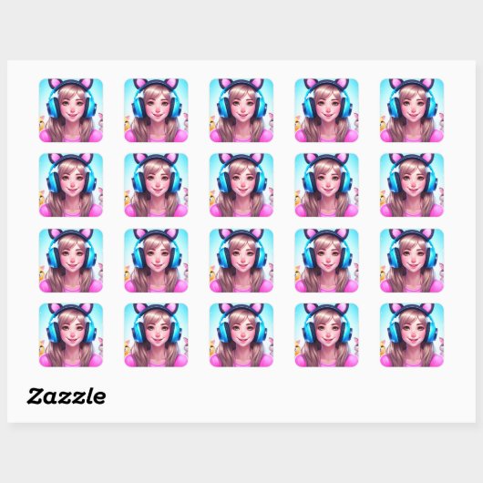 Anime Girl met een hoofdtelefoon voor games Vierkante Sticker (Vel)