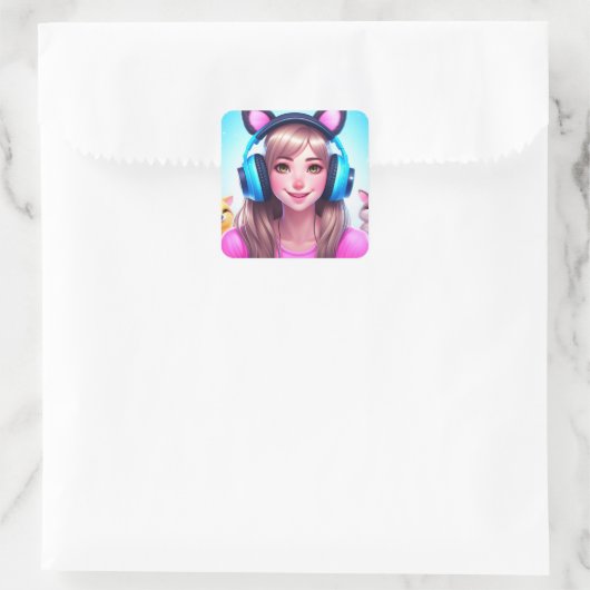 Anime Girl met een hoofdtelefoon voor games Vierkante Sticker (Tas)