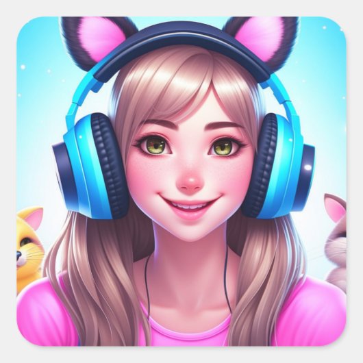 Anime Girl met een hoofdtelefoon voor games Vierkante Sticker (Voorkant)