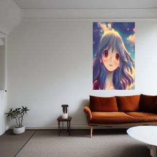 Anime girl met lang blauw haar   AI Art Poster
