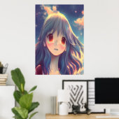 Anime girl met lang blauw haar | AI Art Poster (Thuiskantoor)
