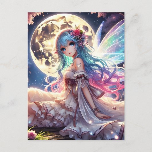 Anime Girl Moon Fairy Princess in de tuin Briefkaart (Voorkant)