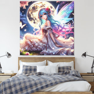 Anime Girl Moon Fairy Princess in de tuin Canvas Afdruk