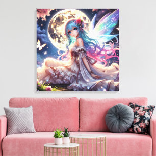 Anime Girl Moon Fairy Princess in de tuin Canvas Afdruk