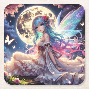 Anime Girl Moon Fairy Princess in de tuin Kartonnen Onderzetters