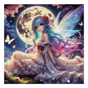 Anime Girl Moon Fairy Princess in de tuin Perfect Poster
