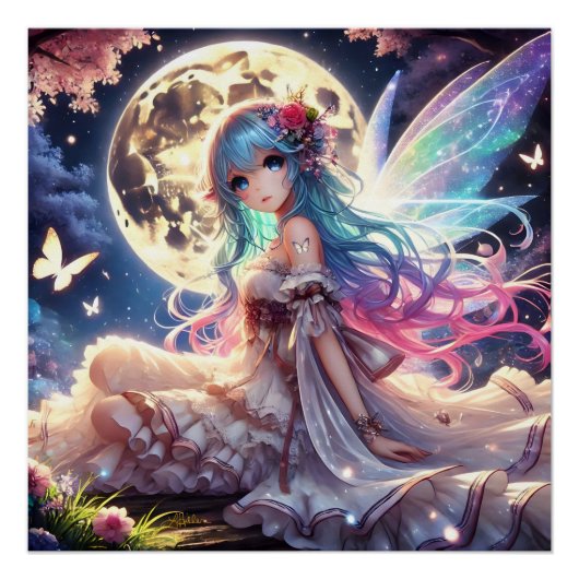 Anime Girl Moon Fairy Princess in de tuin Perfect Poster (Voorkant)