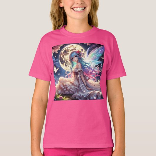 Anime Girl Moon Fairy Princess in de tuin T-shirt (Voorkant)
