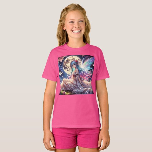 Anime Girl Moon Fairy Princess in de tuin T-shirt (Voorkant volledig)