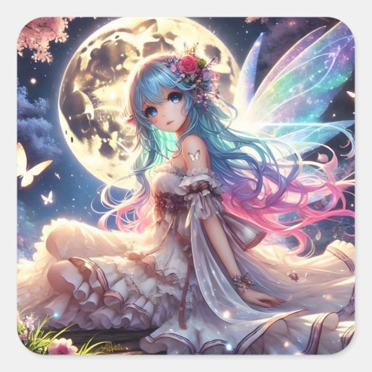 Anime Girl Moon Fairy Princess in de tuin Vierkante Sticker (Voorkant)