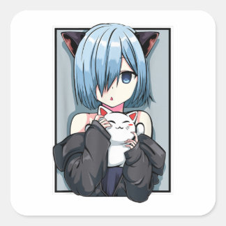 Anime Girl Neko Catgirl pasteel Kawaii Cat Manga J Vierkante Sticker