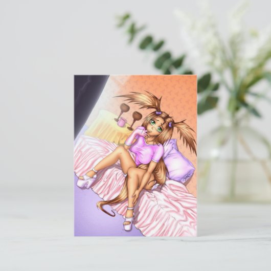 Anime Girl Nikki op Bed Briefkaart (Staand voorkant)