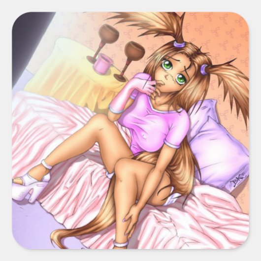 Anime Girl Nikki op Bed Vierkante Sticker (Voorkant)