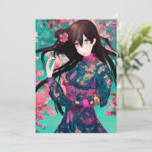 Anime Girl op roze achtergrond met Sunset Kaart (Staand voorkant)