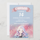 Anime Girl Pink Glitter Verjaardag Uitnodiging (Voorkant)